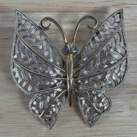 Avon Jewelry - Avon Butterfly Pin Brooch Silver Gold Tone With Blue Rhinestone Eyes Vintage